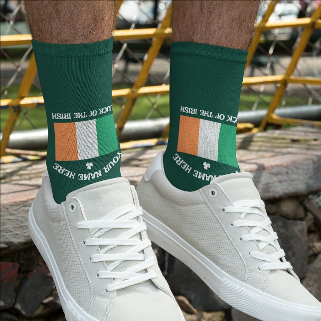 St Patrick's Day Ireland Flag Custom Name Shamrock Socks (Creator Uploaded)