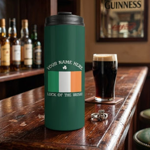 St Patrick's Day Ireland Flag Custom Name Shamrock Thermal Tumbler