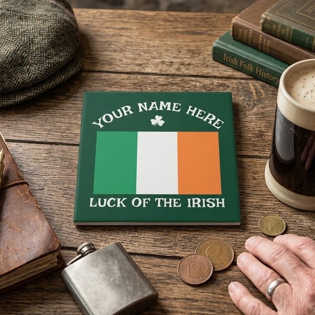 St Patrick's Day Ireland Flag Custom Name Shamrock Tile (Creator Uploaded)