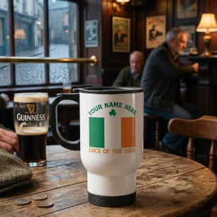 St Patrick's Day Ireland Flag Custom Name Shamrock Travel Mug