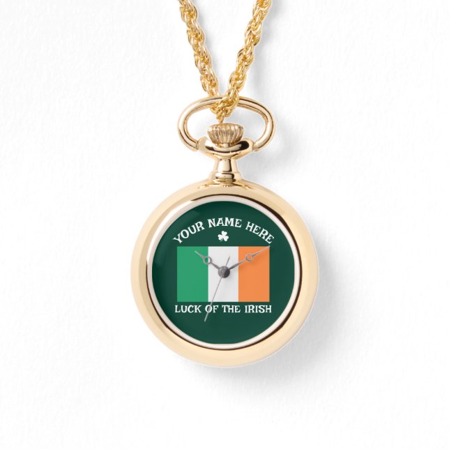 St Patrick's Day Ireland Flag Custom Name Shamrock Watch (Front)