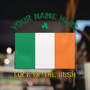 St Patrick's Day Ireland Flag Custom Name Shamrock Window Cling