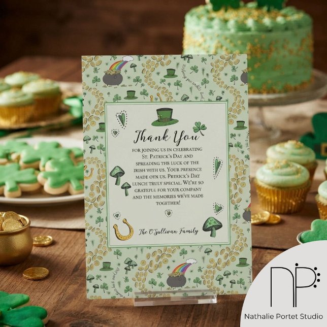 St Patricks Day Irish Blessing Thank You Card (hand-drawn leprechaun hats, shamrocks, pots of gold, rainbows, and horseshoes for St Patrick's Day)