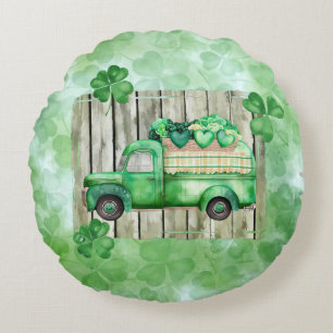 St. Patrick's Day Irish Clovers Vintage Truck Round Cushion