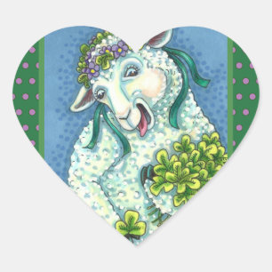 ST. PATRICK'S DAY IRISH EWE, SHEEP & SHAMROCKS HEART STICKER