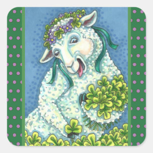 ST. PATRICK'S DAY IRISH EWE, SHEEP & SHAMROCKS SQUARE STICKER