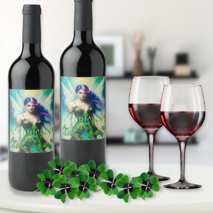 St Patrick's Day Irish Fairy with Butterfly detail Wine Label