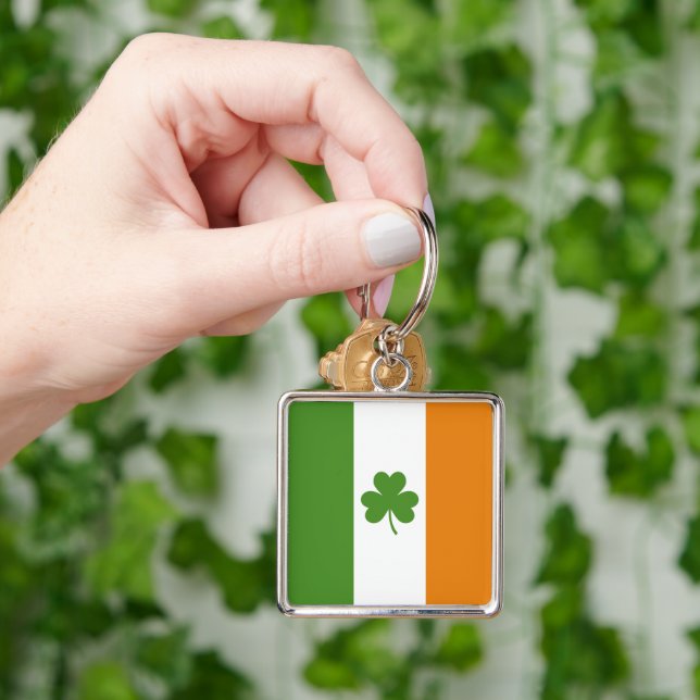 St Patrick's Day Irish Flag with Shamrock Clover Key Ring (Hand)
