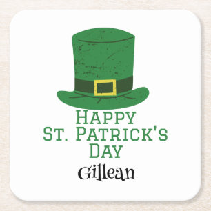 St. Patrick's Day Irish green hat lucky Shamrock  Square Paper Coaster
