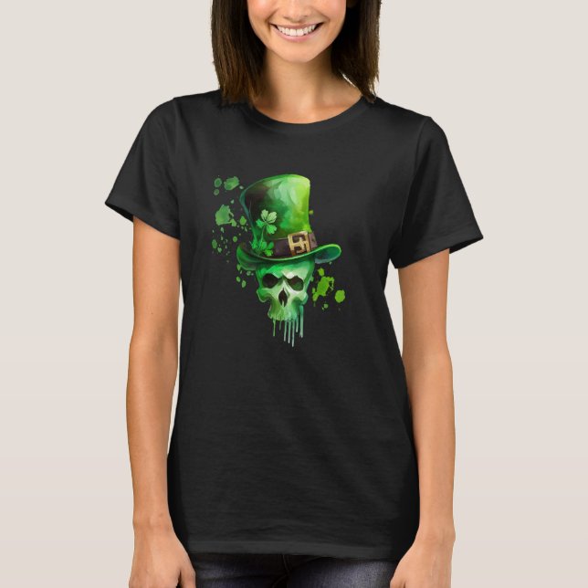 St Patricks Day Irish Leprechaun Shamrock Skull C T-Shirt (Front)