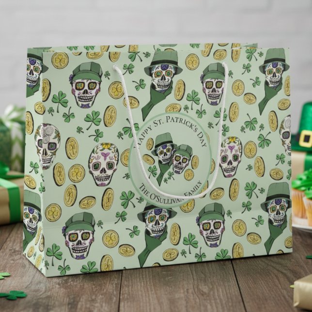 St Patrick's Day Irish Sugar Skull Custom Large Gift Bag (Happy St Patrick's Day Gift Bags. Irish Sugar Skulls, Lucky Gold Shamrock Coins Green Clover Pattern)