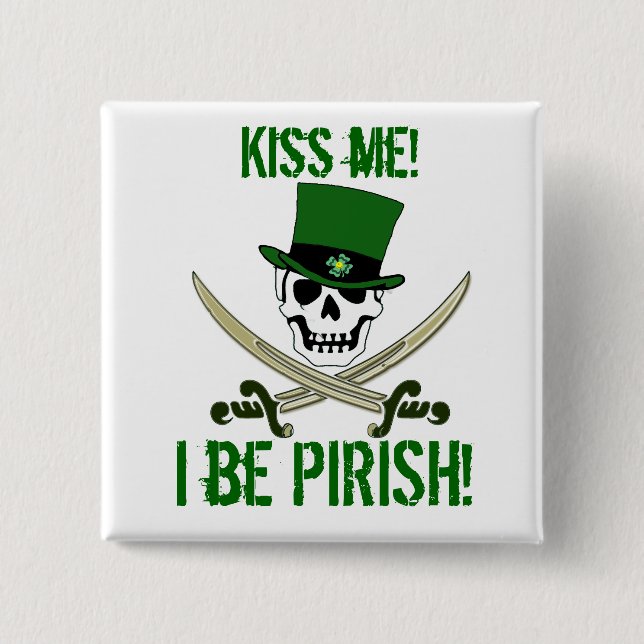 St Patricks Day Jolly Roger Pirate "Kiss Me" Pin (Front)