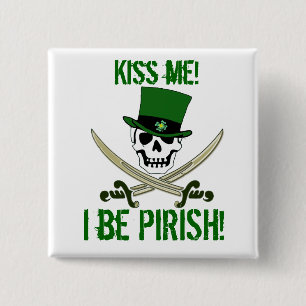 St Patricks Day Jolly Roger Pirate "Kiss Me" Pin
