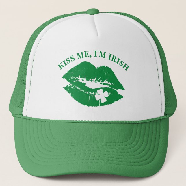 St Patricks Day Kiss Me I'm Irish Lucky Clover Trucker Hat (Front)