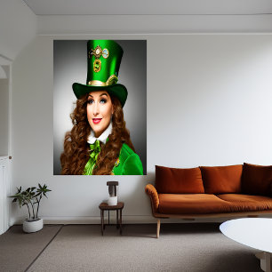 St. Patrick's Day lady brown hair AI Art Poster