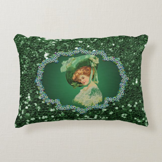 St Patricks Day Lady Green Frame Faux Glitter Decorative Cushion (Front)