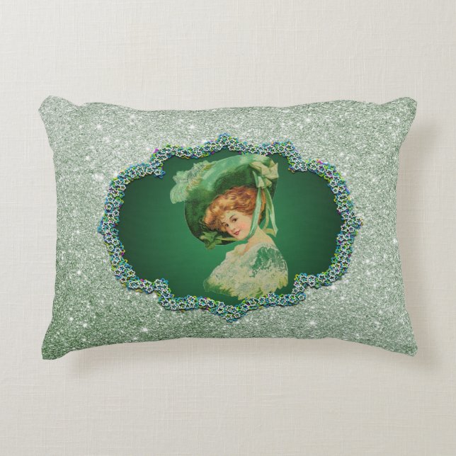 St Patricks Day Lady Green Frame Soft Faux Glitter Decorative Cushion (Front)