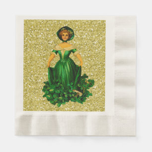 St Patricks Day Lady Green Gown Gold Faux Glitter Napkin