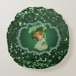 St. Patrick's Day Lady with Hat Green Frame Faux G Round Cushion