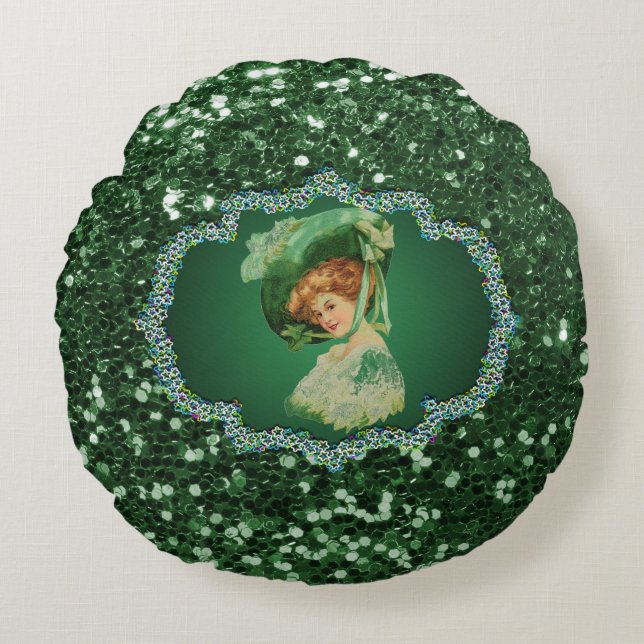St. Patrick's Day Lady with Hat Green Frame Faux G Round Cushion (Front)