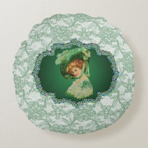 St. Patrick's Day Lady with Hat Green Frame & Lace Round Cushion