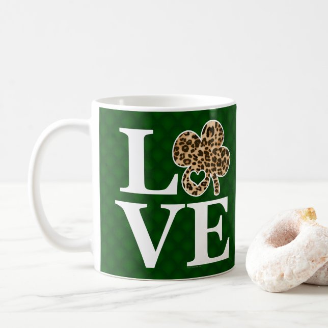 St Patricks Day Leopard Love Shamrock Coffee Mug (With Donut)
