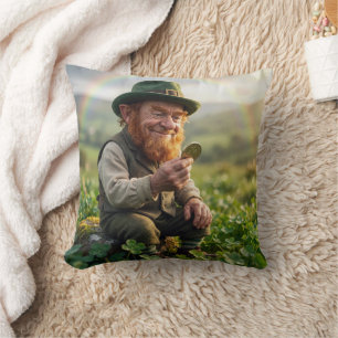 St. Patrick's Day Leprechaun Admiring a Gold Coin Cushion