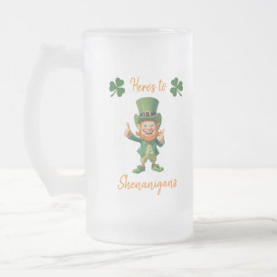 St Patrick's Day-Leprechaun- Frosted Glass Beer Mug