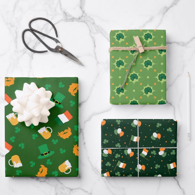 St Patrick's Day Leprechaun Hat Shamrock Flag Gold Wrapping Paper Sheet (Front)