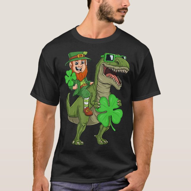 St Patricks Day Leprechaun Riding Rex  Dino Boys K T-Shirt (Front)