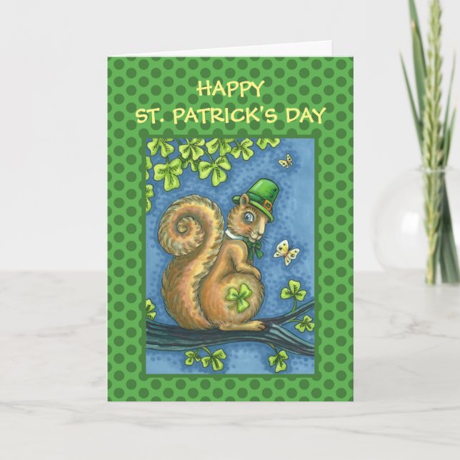 ST. PATRICKS DAY LEPRECHAUN SQUIRREL, LUCKY IRISH HOLIDAY CARD (Front)