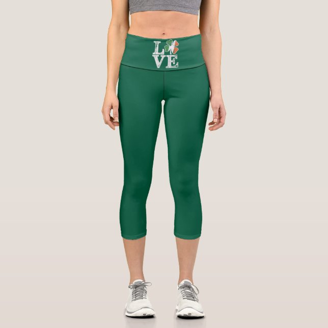 St Patricks Day Love Lucky Irish Shamrock Green  Capri Leggings (Front)