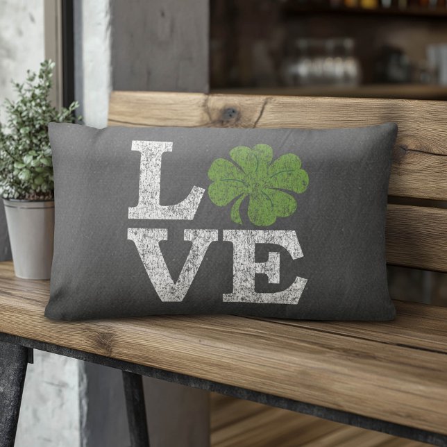 St Patricks Day LOVE with shamrock Lumbar Cushion (Custom Monogram Pillow)