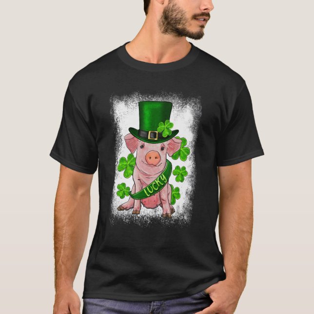 St. Patricks Day Lucky Baby Pig Bleached Lucky Iri T-Shirt (Front)