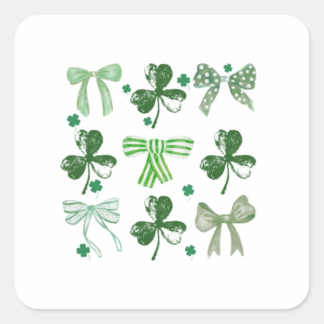 St. Patrick's Day Lucky Clover and Bow Square Sticker (Front)
