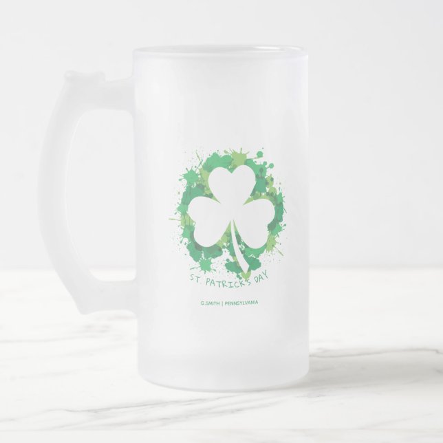 St. Patrick's Day. Lucky Clover White Silhouette. Frosted Glass Beer Mug (Left)