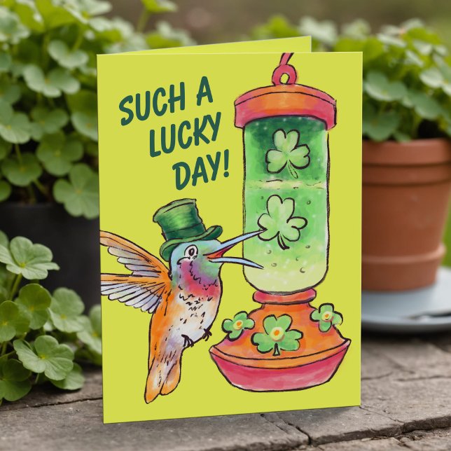 St Patrick's Day Lucky Green Hummingbird Feeder Holiday Card (Whimsical hummingbird St. Patrick’s Day card with shamrocks & custom message 🍀)