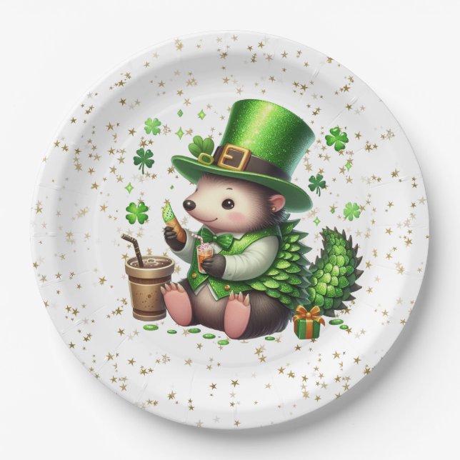 St. Patrick's Day Lucky Hedgehog Paper Plate (Front)