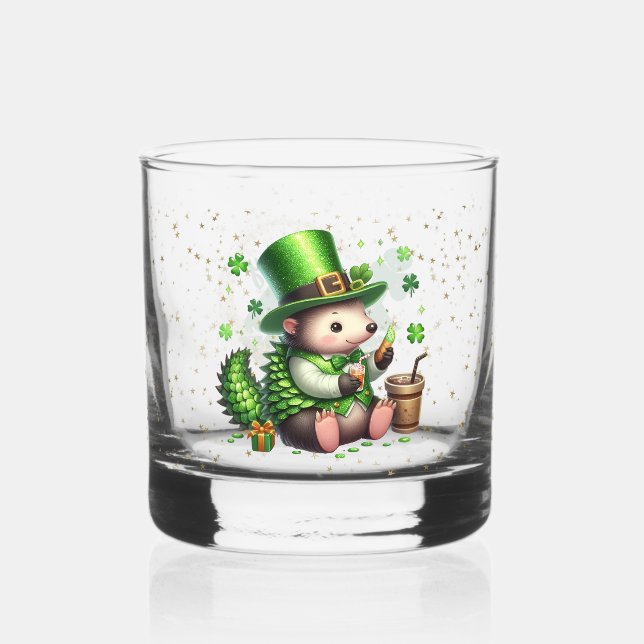 St. Patrick's Day Lucky Hedgehogs Whiskey Glass (Front)