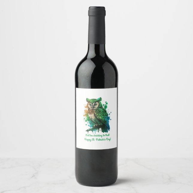 St. Patrick's Day Lucky Owl be drinking to that Wine Label (Front)