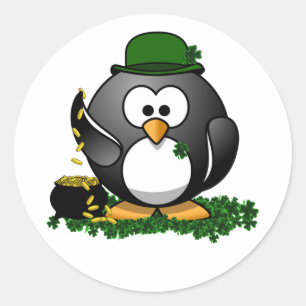 St. Patrick's Day Lucky Penguin with Pot Of Gold Classic Round Sticker