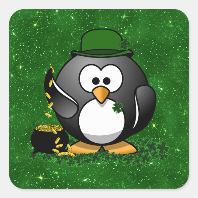St. Patrick's Day Lucky Penguin with Pot Of Gold Square Sticker (Front)
