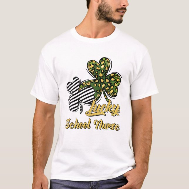 St Patrick's Day Lucky School Nurse Clover Shamroc T-Shirt (Front)