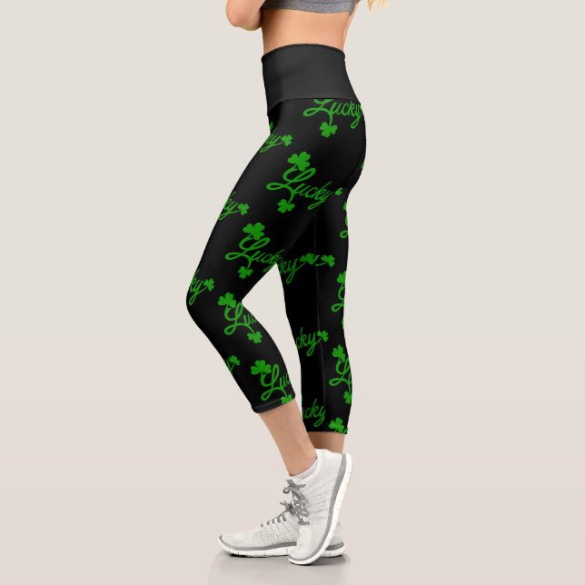 St, Patricks Day Lucky Shamrock Green Clover Leaf Capri Leggings (Left)