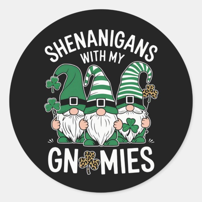 St Patricks Day Lucky Shamrock Leopard Gnomes  Classic Round Sticker (Front)