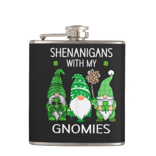 St Patricks Day Lucky Shamrock Leopard Gnomes Hip Flask