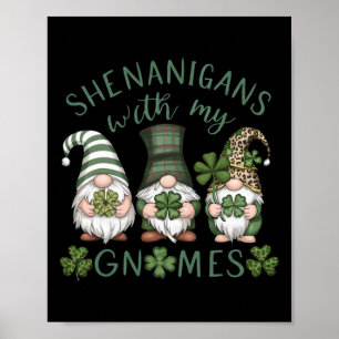 St Patricks Day Lucky Shamrock Leopard Gnomes Iris Poster