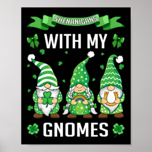 St Patricks Day Lucky Shamrock Leopard Gnomes Iris Poster
