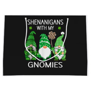 St Patricks Day Lucky Shamrock Leopard Gnomes Large Gift Bag