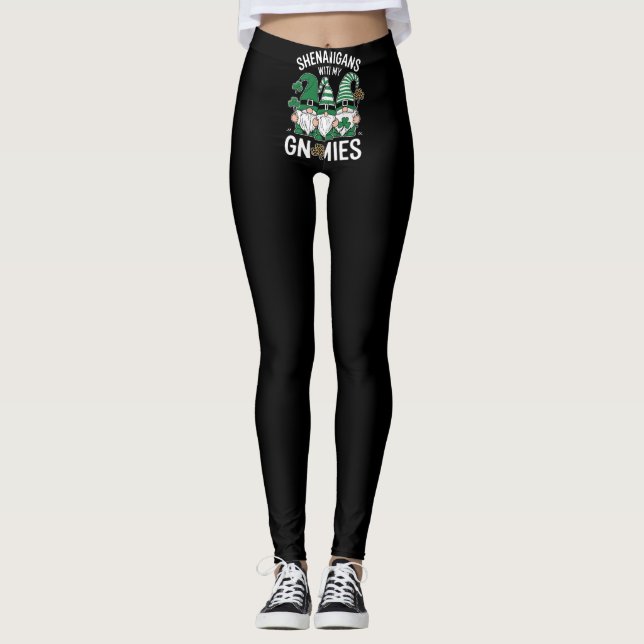 St Patricks Day Lucky Shamrock Leopard Gnomes  Leggings (Front)